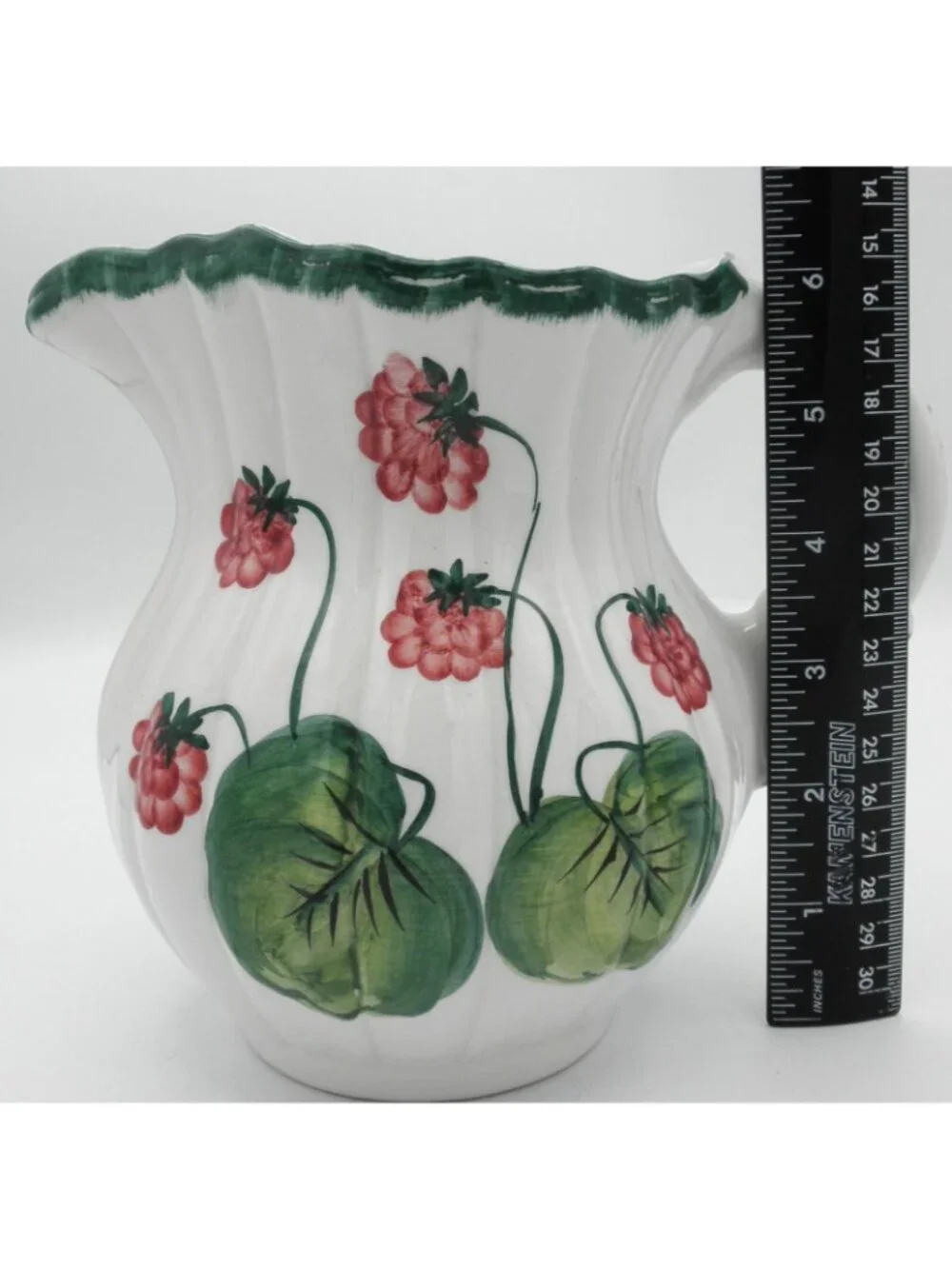 Italian Pottery Creamer Hand Painted Raspberries  Ribbed Ceramic Well Made